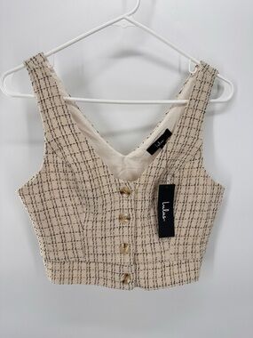 Posh Perception Ivory & Black Plaid Tweed Cropped Button Top Sz Small